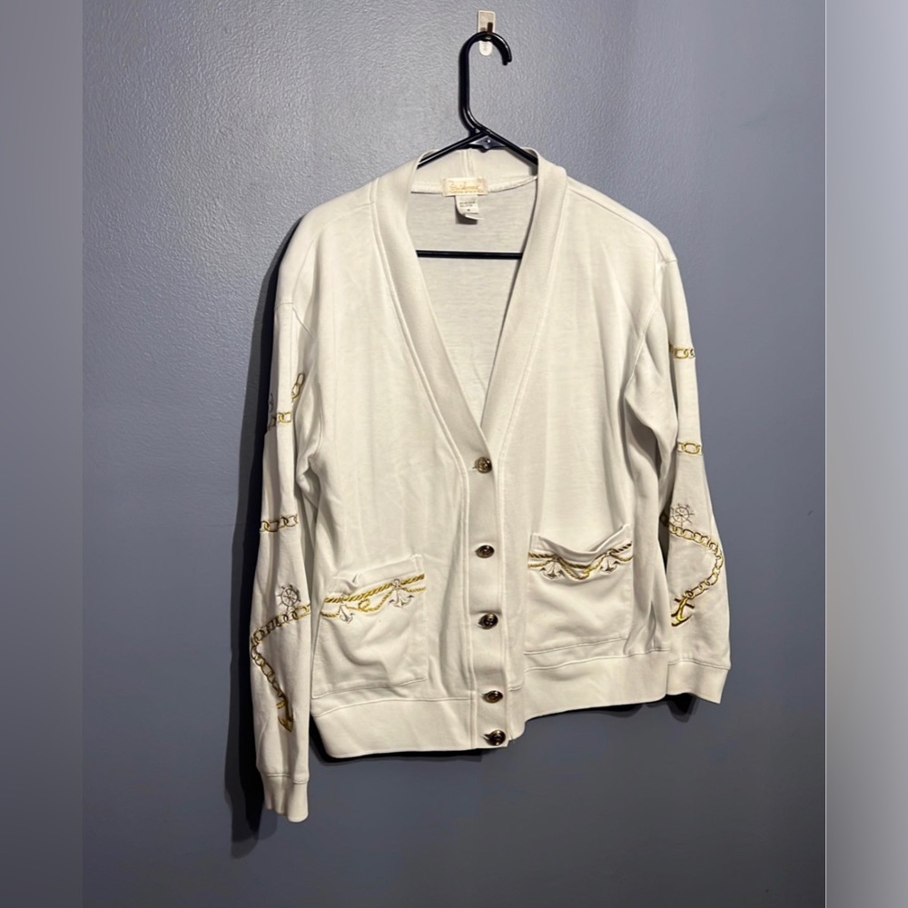 VTG 80s Tara Vanessa White Embroidered‎ Nautical Sailing Button Up Cardigan SZ M